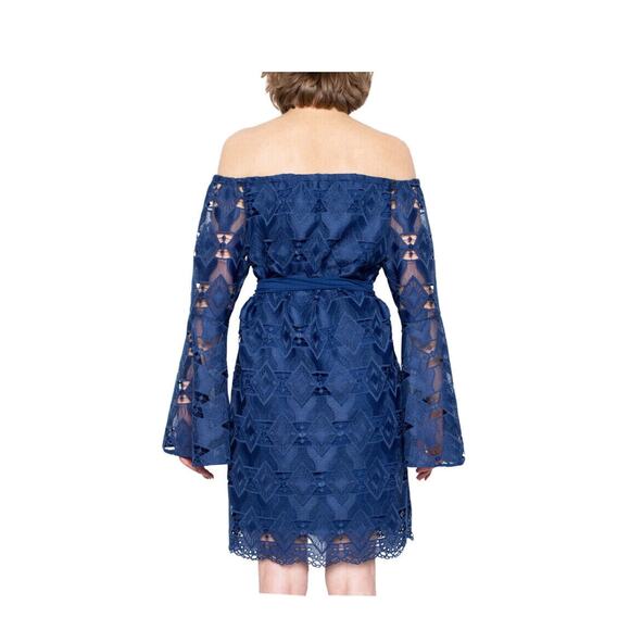 Wai Ming Women M Simona Dress Navy Blue Lace Bell Off Shoulder Bell Sleeve FLAW - Picture 2 of 8